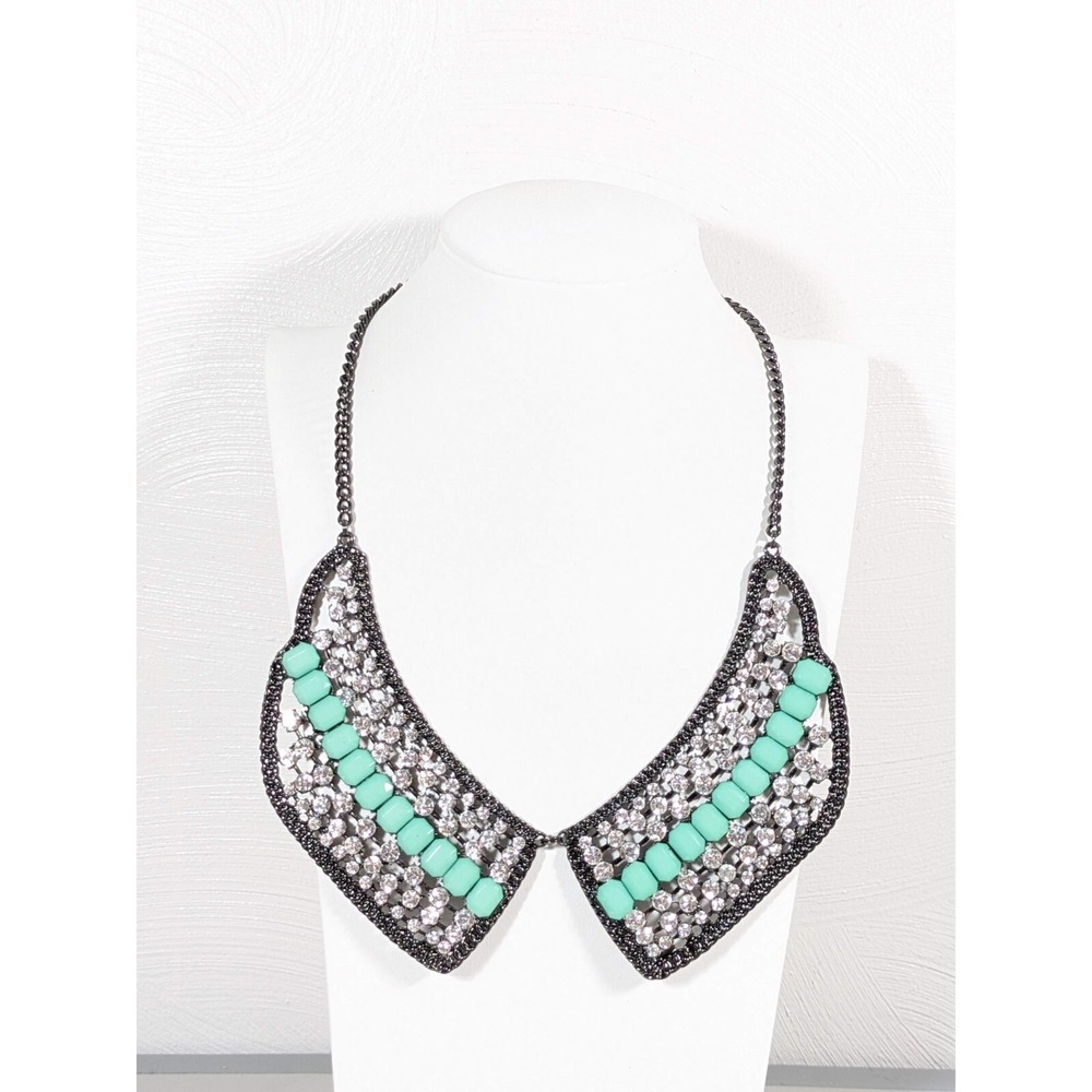 Gunmetal Gray Green Clear Crystal Panel Wide Collar Statement Necklace 21 in